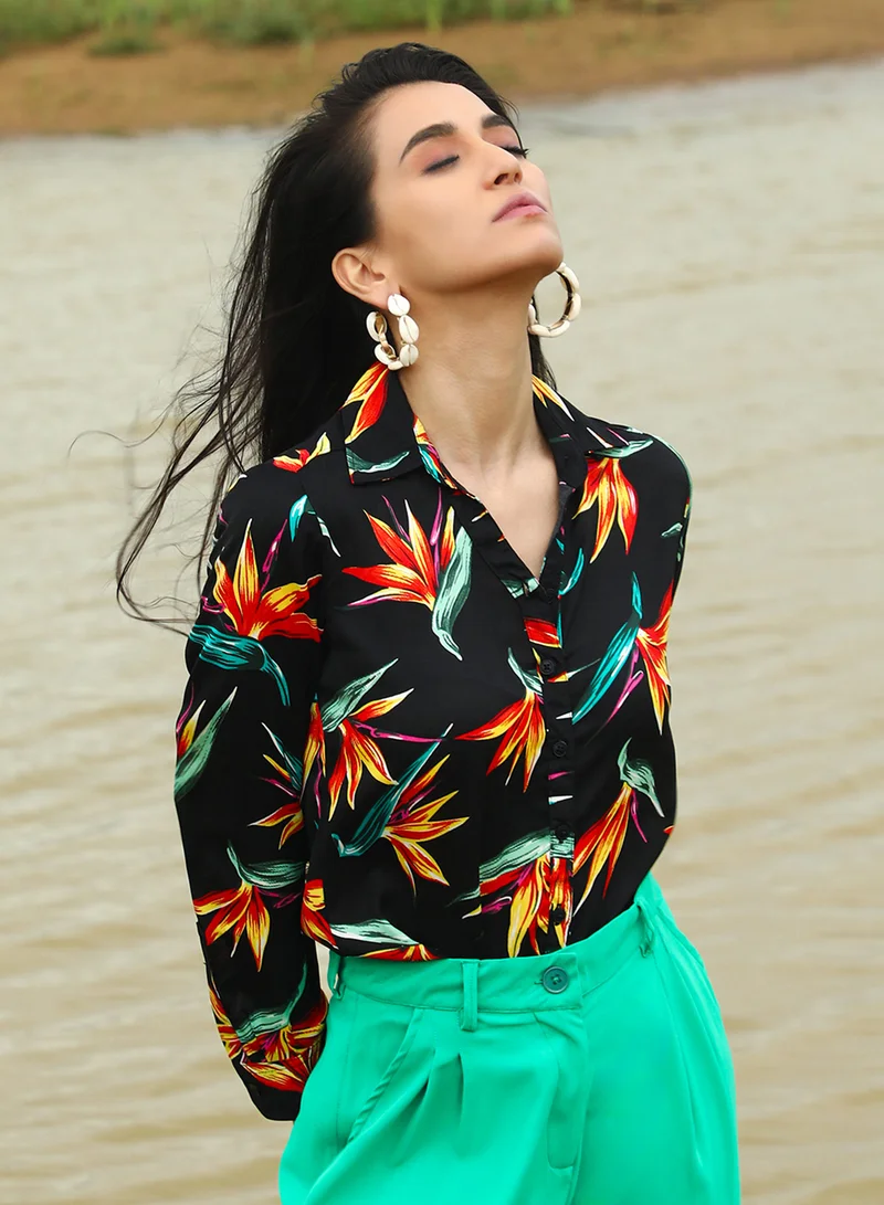 بينيا كولادا Women's Onyx Black Wild Foliage Shirt For Casual Wear | Spread Collar | Long Sleeve | Button Closure | Shirt Designed With Comfortable Fit For Woman & Girls